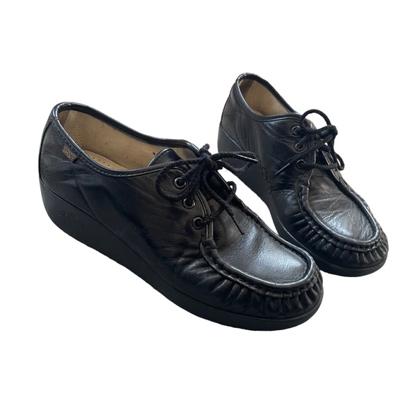 SAS Black Leather Wedge Style Coquette Preppy Grunge Gothic Lace Up Oxford Shoes - Picture 7 of 15
